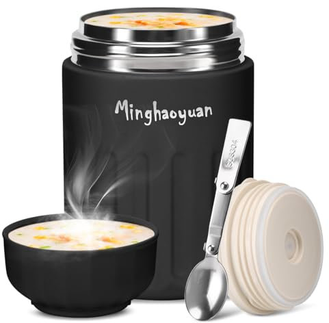 minghaoyuan Contenitore termico per cibo, 600 ml, in acciaio inox, con cucchiaio, 100% a prova di perdite, contenitore per alimenti, mueslicup o porridge per bambini, colore: nero
