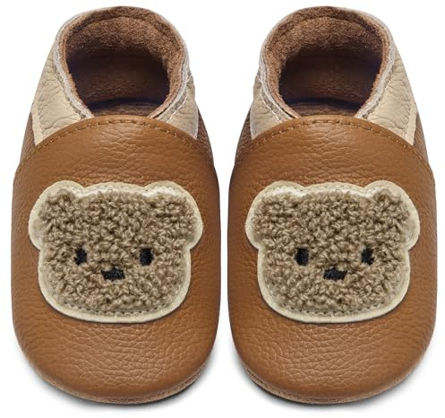 IceUnicorn Krabbelschuhe Baby Lauflernschuhe Jungen Weiche Leder Babyschuhe Kleinkind Lederschuhe mädchen Babyhausschuhe(Gelbbrauner Bär,12-18)