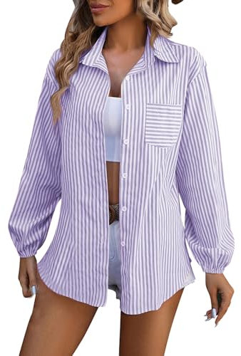 Sommerblus Dam, lätt, damshirt, strimmig, V-ringad, långärmad, strimmig blus, elegant, skjortblus, V-ringad, knäpp ned, damblusar, stora storlekar, strimmigt shirt, casual, kontor, arbete, blusar