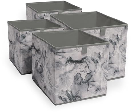 OHS Set of 4 Fabric Storage Baskets, Grey Marble Print Storage Boxes Home Organiser Toys Clothing Bathroom Pop Up Collapsible Foldable Space Saving Cube Storage