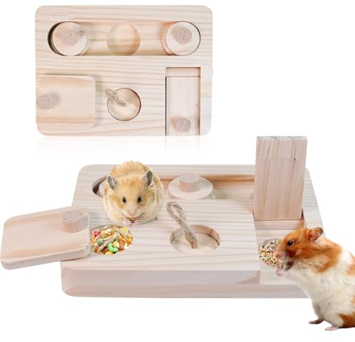 JasCherry Giochi per Criceti 6-in-1 con Alimentazione e Foraggiamento, Accessori per Gabbia in Legno Naturale per Conigli, Porcellini d'India, Gerbilli, Criceti Siriani e Nani(A)