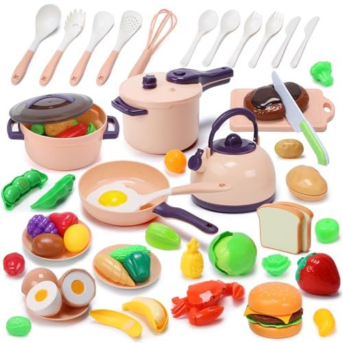 CUTE STONE Mini Accessoire Cuisine Enfant 51pcs, Jeu de Cuisine Imaginaire avec casseroles, poêles, ustensiles, Fruits et légumes à découper, Cadeau éducatif pour Tout-Petits, Filles et garçons.