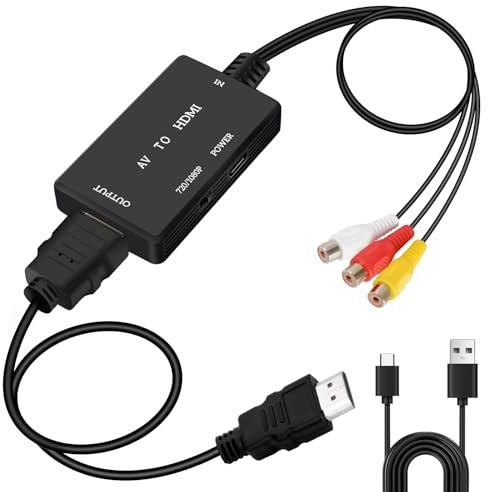Jewan Convertitore da RCA a HDMI, Adattatore da AV a HDMI, Convertitore Audio Video Composito RCA CVBS 1080P con Cavo HDMI per PS2/SNES/VHS/Xbox/PS4/TV/VCR/DVD/Wii/Supporta PAL/NTSC