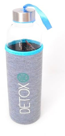 z1 Botella Térmica de Vidrio, 600ml, con Funda Aislante Gris, Tapa de Acero Inoxidable y Asa Azul