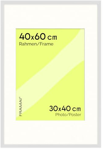 FRAMAI Cadre photo 40 x 60 cm, en blanc, avec passe-partout, cadre en bois MDF incassable, plexiglas incassable, respectueux de l'environnement, avec suspension et support, format portrait et paysage