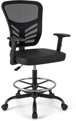 GYMAX Silla de Dibujo, Silla de Oficina Giratoria con Altura Ajustable, con Reposabrazos y Reposapiés Ajustables, Soporte Lumbar, Asiento Ergonómico, Elevador de Gas, Silla de Trabajo para Hogar