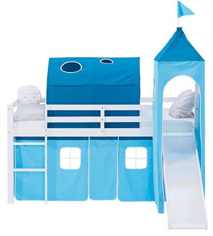 Homestyle4u Hochbett mit Rutsche Matratze Lattenrost 90x200 cm Weiß, Kinderbett aus Holz Kiefer, mit Turm Tunnel Vorhang Blau, Artikel 3001