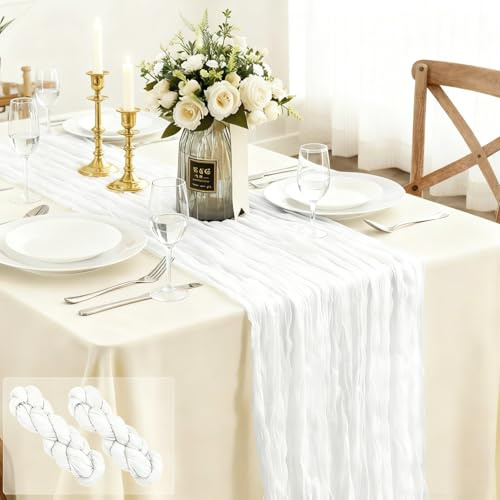Ezvsevuo 2 STK. Tischläufer Weiß 90 x 300 cm - Rustikale Gaze Käsetuch Tischläufer, Boho Dekostoff für Hochzeitsdeko Gartenparty, Brautparty, Geburtstag Deko & Tischdeko (Reinweiß)