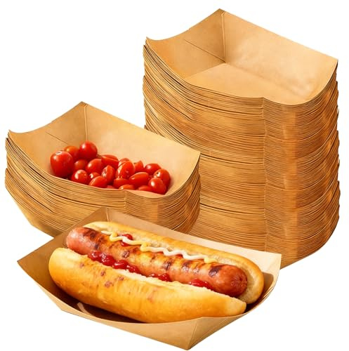 LCRhex 100PCS Party Food Trays, Recyclable Brown Food Tray Disposable Tray Suitable For French Fries Hot Dogs Fruits Snacks Parties Banquets Camping Gatherings