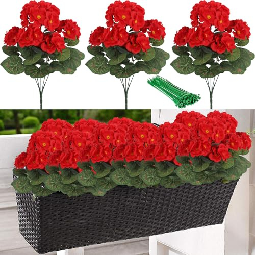 ZenyTra Pack of 3 Artificial Begonias, Red, 35 x 26 cm, Artificial Flowers with 10 Twines, UV-Resistant Artificial Flowers for Balcony, Garden, Patio, Graveside Decoration, Indoor and Outdoor