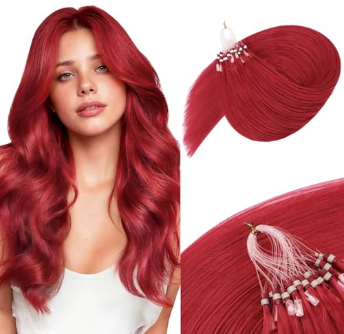MAXITA Microlink Hair Extensions Human Hair, Red Micro Beads Hair Extensions Real Human Hair, Colored Highlight 18 Inch 25g/25 Strands/Pack Straight Hair for Party