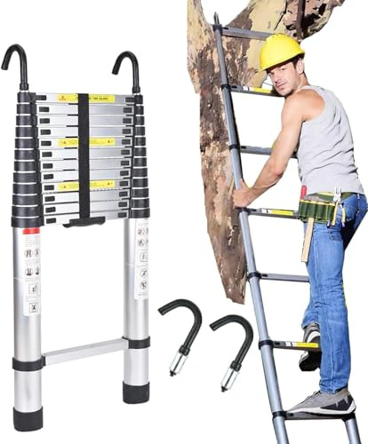 4,42-Meter-Metall-Teleskopleiter mit Haken – ausziehbar, widerstandsfähig und tragbar für Höhenarbeiten, Haushalts- und Gewerbegebrauch
