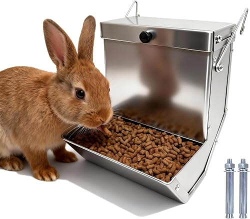 Outdoor Small Animal Stainless Steel Gravity Feeding Trough Pet Feeder Durable with Lid Cage Rabbit Feeder Holds Several Days Worth of Food(for Guinea Pig Birds Ferrets (1pc, 6.2 inch-4Lbs)