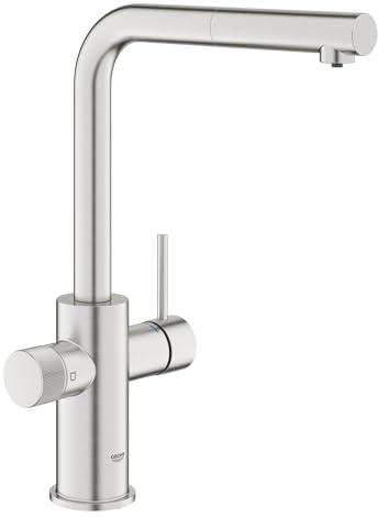 GROHE Blue Pure Minta – 3-vägs utdragbar vattenfilterkran (L-pip, svängbar yta 360°, dedikerat filterhandtag, 28 mm keramisk patron, 3/8 tums svansar, behöver ett filterstartset), superstål, 30590DC0