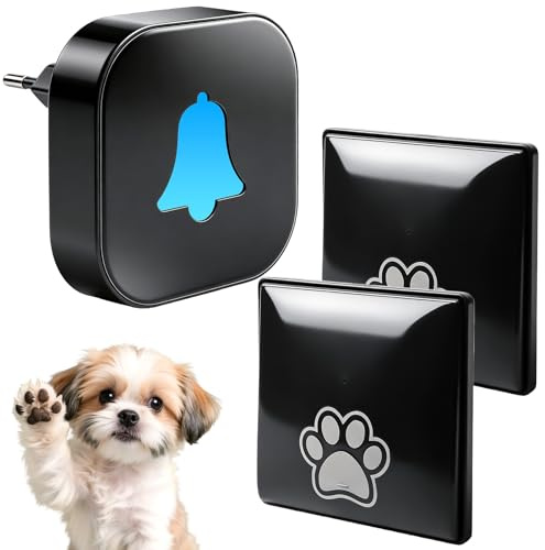 Hundeklingel, Katzenklingel Kabellos Hund Türklingel Funkklingel Buzzer Hund Funk Haustier Türglocken Sensor&Buttons, 38 Klingeltöne+4 Volume Levels Trainingsglocken Hausklingel(1*Empfänger+2*Tasten)