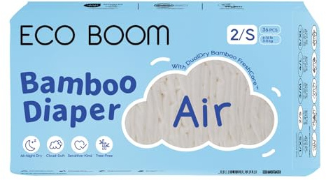 ECO BOOM Air Diapers, Bamboo Viscose, Tree-Free & Gentle for Sensitive Skin, Ultra Soft & Breathable, Reliable Overnight Protection, Size 2, 6-16 lbs
