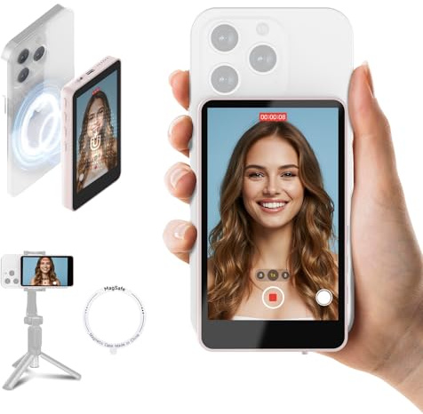 SYNCO XView Vlog Selfie Monitor Schermo 4K per iPhone e Android, Wireless Magnetico Telecamera Posteriore Phone Monitor con Gamma 164FT, Batteria 3H, Altoparlante Integrato per Youtube TikTok (Rosa)