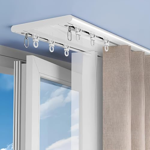 Riel de Cortina Doble Techo Perforación Divisor de Ambientes | Rieles para Cortinas de Aluminio 9.0mm Montaje con Tornillos con Ruedas Silenciosas Cortinas Opacas(360cm/3*120cm)