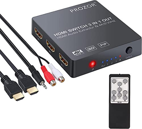 PROZOR HDMI Switch 3 Ingressi 1 Uscita con Estrattore Audio Uscita Analogico Ottico Toslink SPDIF 4K 3D HDMI Convertitore per Blu-ray DVD Player Satellite Box PS3 PS4 Apple TV PC HD Camera DVR