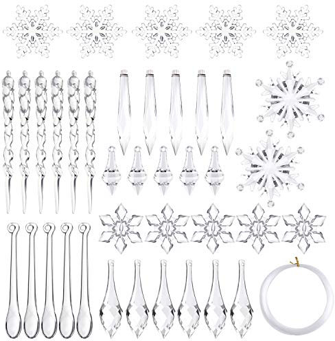 FEPITO 85 PZ Decorazione Natalizia Acrilico Fiocco di Neve Ghiaccioli Albero di Natale con Ornamenti di Linea di Cristallo