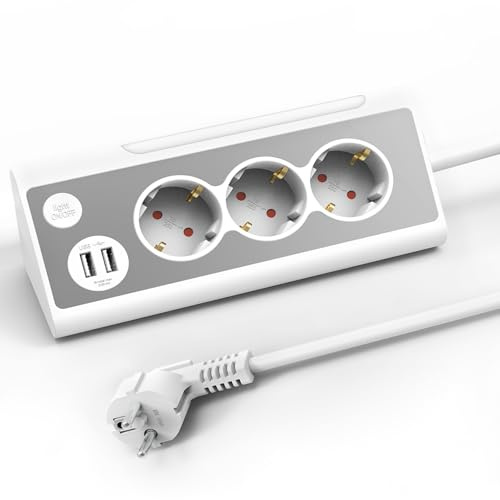 KS Mehrfachsteckdose,3-Fach Steckdosenleiste mit USB Und LED-Nachtlicht Tischsteckdose Edelstahlfrontplat Ecksteckdose, überspannungsschutz Steckerleiste für Küche (1,5m)