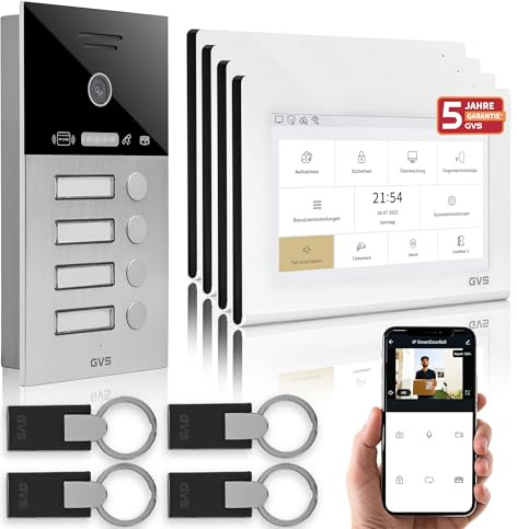 GVS IP Video Türsprechanlage mit Türöffner & RFID - 4x7 Monitor & App | Smarte Video Türklingel mit Kamera und Monitor & App - Gegensprechanlage mit Türöffner für 4 Familienhaus (AVS4461U)