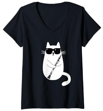 Femme Chat Drôle avec Lunettes de Soleil Musicien Clarinette T-Shirt avec Col en V