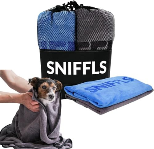 Sniffls 2X Premium Hundehandtuch extra saugfähig – Hunde Handtuch für große Hunde (100x60cm) schnell trocknendes Mikrofaser Handtuch (weich & waschbar bis 60°) – mit praktischer Tasche