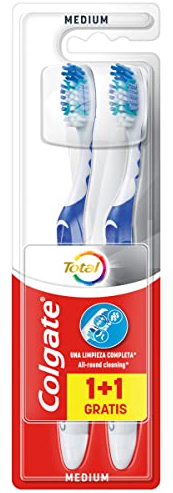 COLGATE Total Cepillo de Dientes Dureza Media, Pack 2 Uds, Limpieza Completa y Profunda, Elimina la Placa, Limpiador de Lengua y Mejillas, Elimina las Bacterias Causantes del Mal Olor