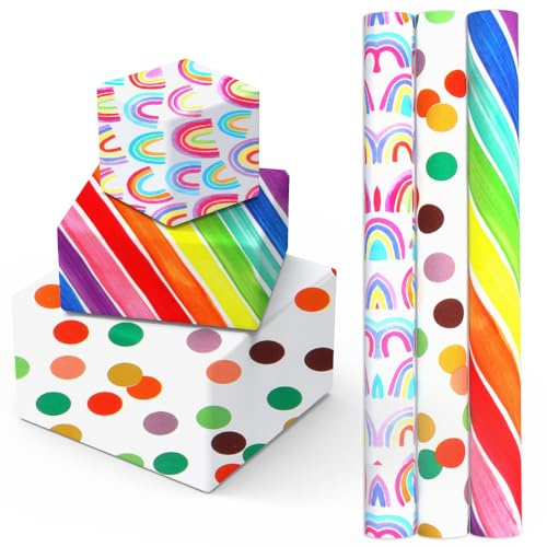 Geschenkpapier Geburtstag, 3 Rollen Geschenkpapierrolle Kinder Junge 43 cm x 3 m, Kraftpapier Recycelbar Geschenk Papier für Geburtstage, Hochzeiten, Partys und Geschenke - Farbenfrohe