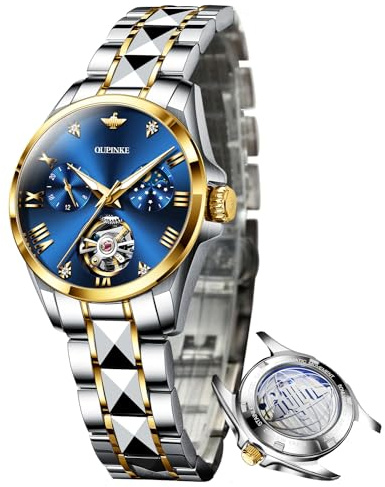 OUPINKE Uhr für Frauen Automatische Luxus Diamant Skelett Selbstaufzug Mechanische Elegante Kleid Damen Armbanduhren Saphirglas Wasserdicht Leuchtend