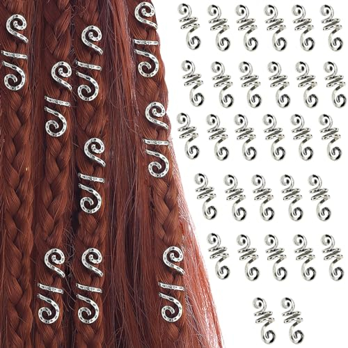 Waldspring 30 Stück Dreadlocks Schmuck Haarringe,Tube Clips für Haar Zubehör, Metall Braids Schmuck Haarperlen, Geeignet für Männer, Mädchen, Teenager, Gold/Silber (Silber)