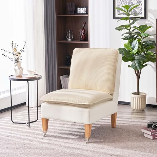 Sepnine Armloser Sessel, Moderner Lesesessel aus Cordsamt, Loungesessel für Schlafzimmer mit Zwei Rädern, geeignet für Wohnzimmer, Schlafzimmer und Empfangsbereich, Karamell (Weiß)