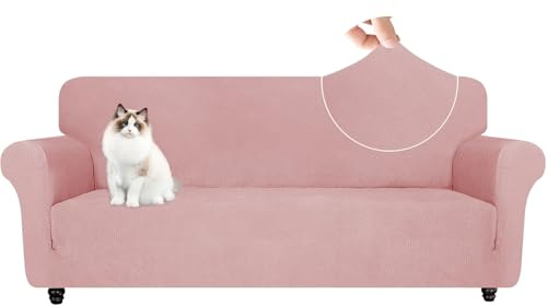 YSTELLAA Stretch Sofa Überzug 3 Sitzer, Elastisch Sofabezug Mit Armlehnen, Jacquard Sofaschoner rutschfest, Universal Sofa Cover Moderne, Couchüberzüge Sofahusse Für Katze Hund, Rosa