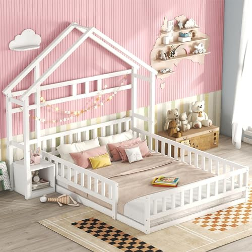 WIZBED Kinderbett Hausbett 140x200cm, Bodenbett mit Geländer & Nachttischen