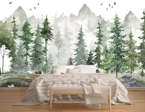 Naturempress Papier Peint Panoramique 310X250（LXH）Montagne De Pins À L'Aquarelle Papier Peint Intissé Tapisserie Poster Mural pour Salon Chambre Décoration Murale