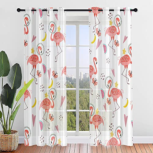 ENEN Vorhänge Wohnzimmer, Gardinen mit Ösen Halbtransparent Gardinen Wohnzimmer, Schlaufenschal 2er Set für Kleine Fenster Küche Wohnzimmer Landhaus (132x182cm,Flamingo C)
