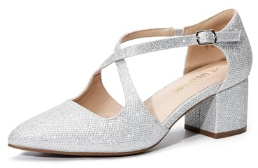 DREAM PAIRS Women's Chunky Heels Dress Pumps Closed Pointed Toe Comfort Cross Strap Block Heel Shoes for Party Dance Wedding,Size 5.5,Silver-Glitter,SDPU2409W
