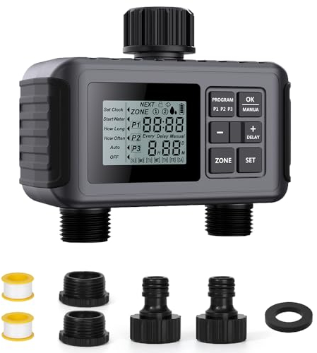 Uzoli Centralina Irrigazione con 2 uscite, Temporizzatore automatico 3 programmi, Ritardo pioggia, IP55 Impermeabile, Blocco bambini, Programmatore Timer irrigazione a batteria per giardino- SGW07