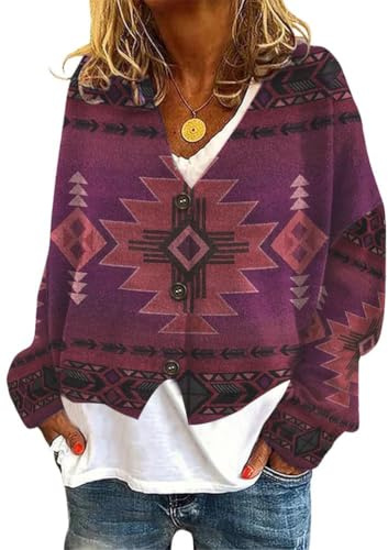 Onsoyours Gilets Femme Automne Hiver Chic Col V Veste Imprimé Manches Longues Tricoté Cardigan Élégant Lâché Bouton Pull Outwear Casual Manteau Sweater Haut Top