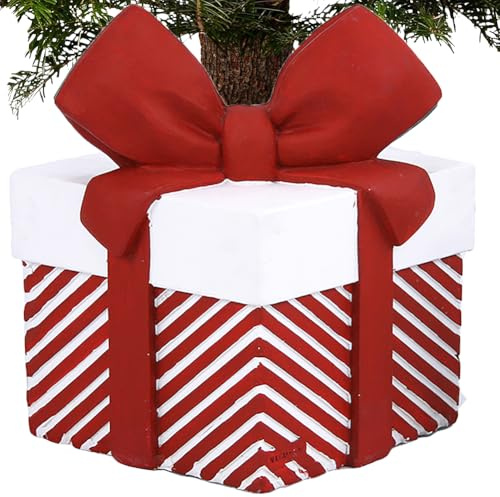 BAKAJI Base Albero di Natale a Forma di Pacco Regalo, Supporto Tronco Natalizio 36 x 36 x 47 cm, Decorazione Addobbi Natalizi Sottoalbero, Copribase Decorazioni Addobbo Natalizie (Bianco e Rosso)