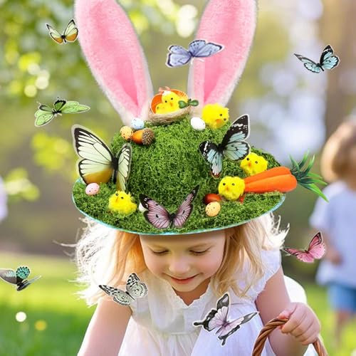 Easter Bonnet Kit Hat for Boys Girls Kids Gifts, Handmade DIY Decorations Make Your Own Hat for Easter Egg Hunt Activity with Craft Set Chicks Bunny Carrots Eggs Nests Grass Butterfly Cartoon Cap