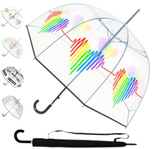COLLAR AND CUFFS LONDON Windproof Strong Dome Umbrella Women - Large Automatic Clear Umbrella - StormDefender See Through Dome Canopy - Best for Visibility - Designer Fiberglass - Rainbow Heartbeat