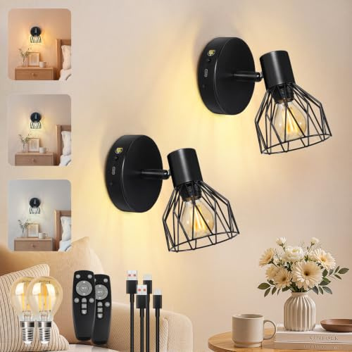 Kimjo LED Wandleuchte Innen Akku, E14 Wandlampe Schwarz, 2 Stück | USB-C Aufladbare Wandleuchten, Kabellose Wandleuchte Ohne Stromanschluss, Wandlampe Innen mit Glühbirne und Fernbedienung