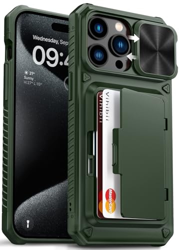 Vihibii for iPhone 15 Pro Max Case with Card Holder (4 Cards), Green | Slide Camera Cover, Kickstand, Military Grade Drop Protection, Rugged Hard Back & Silicone Edge Wallet Phone Case, 6.7 2023