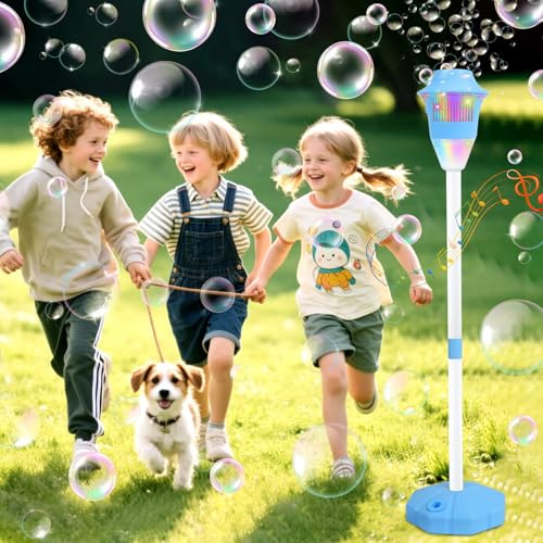 Stående bubbelmaskin för barn, uppladdningsbar bubbelmaskin med ljus och musik, justerbar höjd upp till 117 cm, automatisk elektrisk bubbelmaskin för utomhus bröllop födelsedagsfest