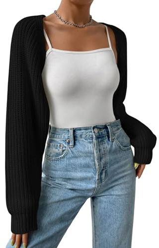 ensswliz Women's Cropped Cardigans Long Sleeve Ribbed Knit Shrug Open Front Sweater Bolero Top Summer Vacation Clothes (A-Black, M)