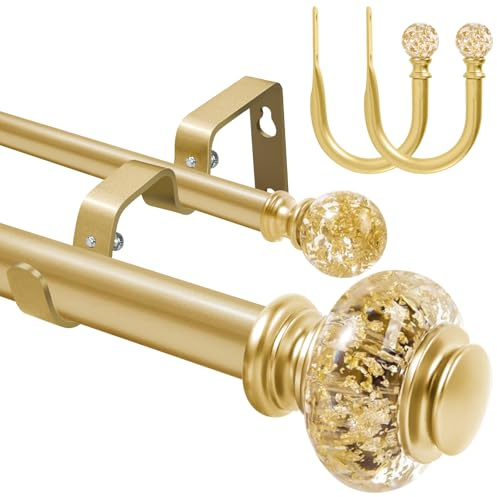 1 Zoll moderner goldener Doppelgardinenstangen-Satz - Spannstangen für Fenster von 71 bis 122 cm (28-48 Zoll) - Luxuriöse durchscheinende Endknäufe mit Halterungen | Verstellbare Spannstangen 48 bis 84, robuste Vorhangstange, Fensterbehandlungsstangen für Glasschiebetür