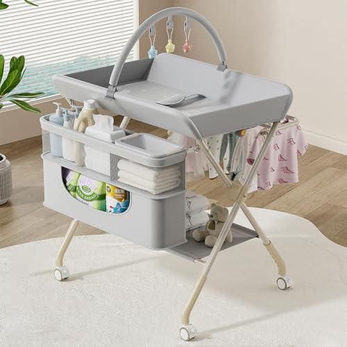 Morlinca Mueble Cambiador Bebe Plegable con Ruedas,Compartimentos de Almacenamiento y Correa de Seguridad,Altura Ajustable,Móvil Cómoda Cambiador Bebe para Cambiar Pañales y Ropa,Gris