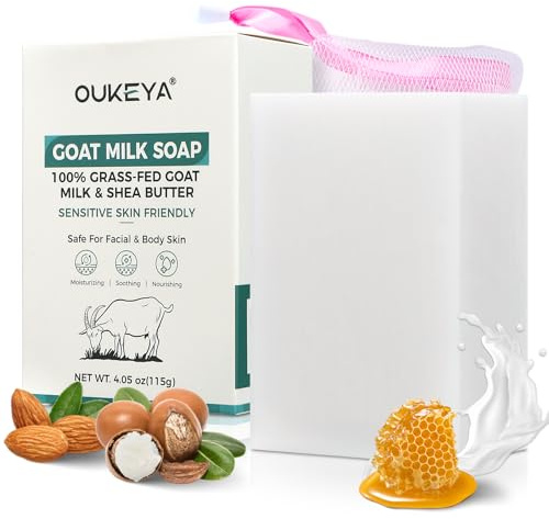 OUKEYA Naturlig Getmjölkstvål 115g, Mjuk Rengöring med Olivolja, Sheasmör och Honung, Återfuktande, Mjukgörande och Anti-aging, Inkluderar Skumnät, Passar Känslig och Torr Hud